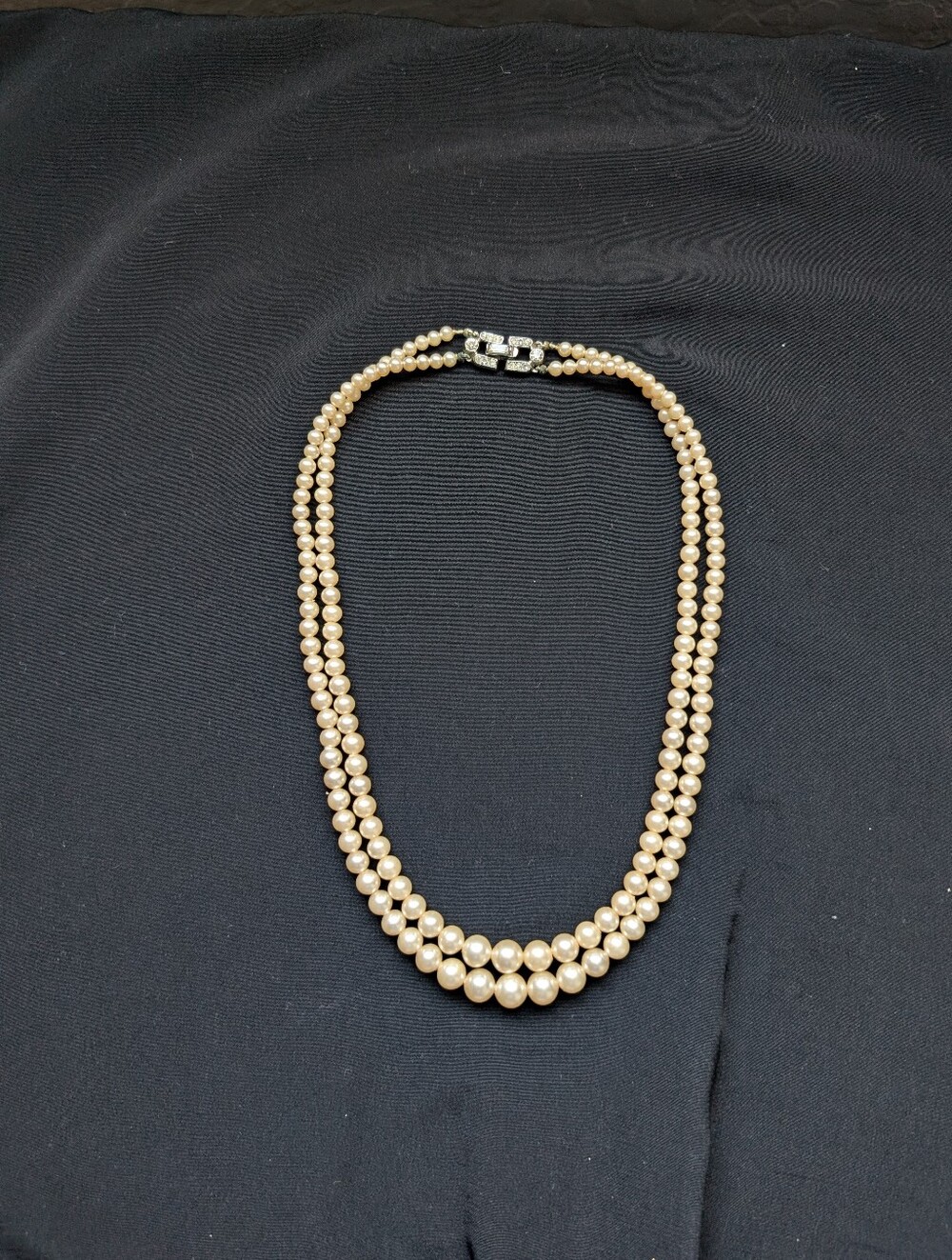 Trifari Crown 1950s Cream Double Strand Faux Pearl Necklace Rhinestone Clasp